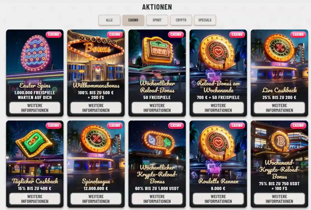Wyns Casino Aktionen Bereich mit Willkommensbonus Reload Boni Cashback und Turnieren