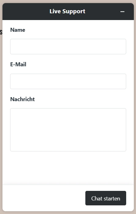 Wyns Casino Live Support Chat Formular mit Name E-Mail und Nachricht Feld