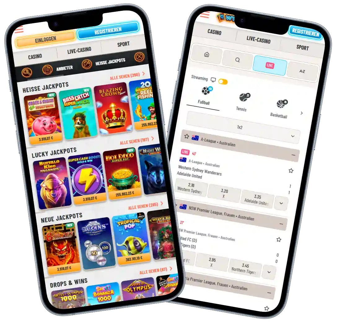 Wyns Casino mobile Ansicht mit Slot Spielen und Sportwetten auf dem Smartphone