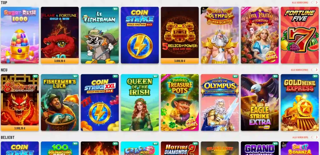 Wyns Casino Slot Spiele Lobby mit Top neuen und beliebten Spielautomaten