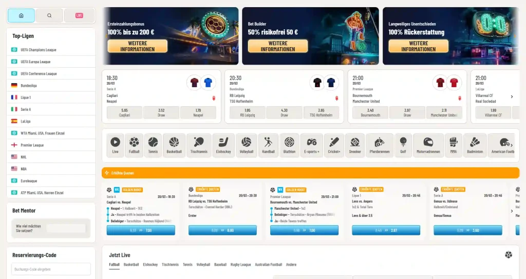 Wyns Casino Sportwetten Bereich mit Top Ligen Quoten und Live Wetten Übersicht