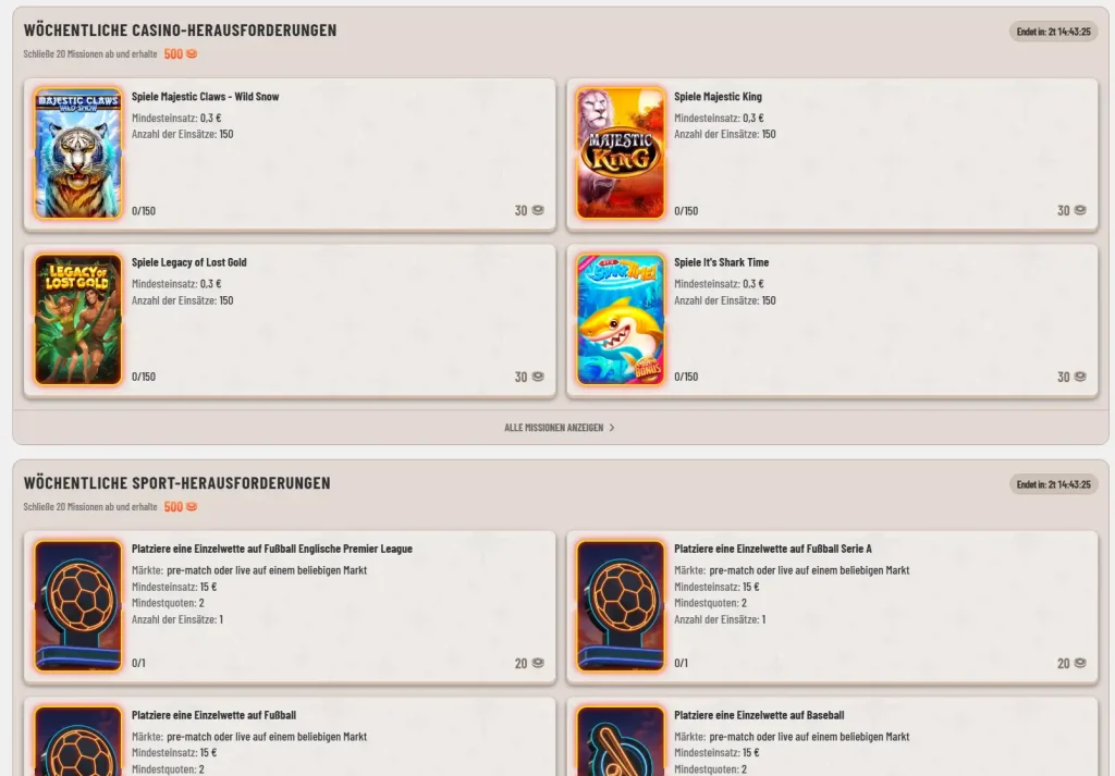 Wyns Casino woechentliche Missionen mit Slot Aufgaben und Sportwetten Herausforderungen